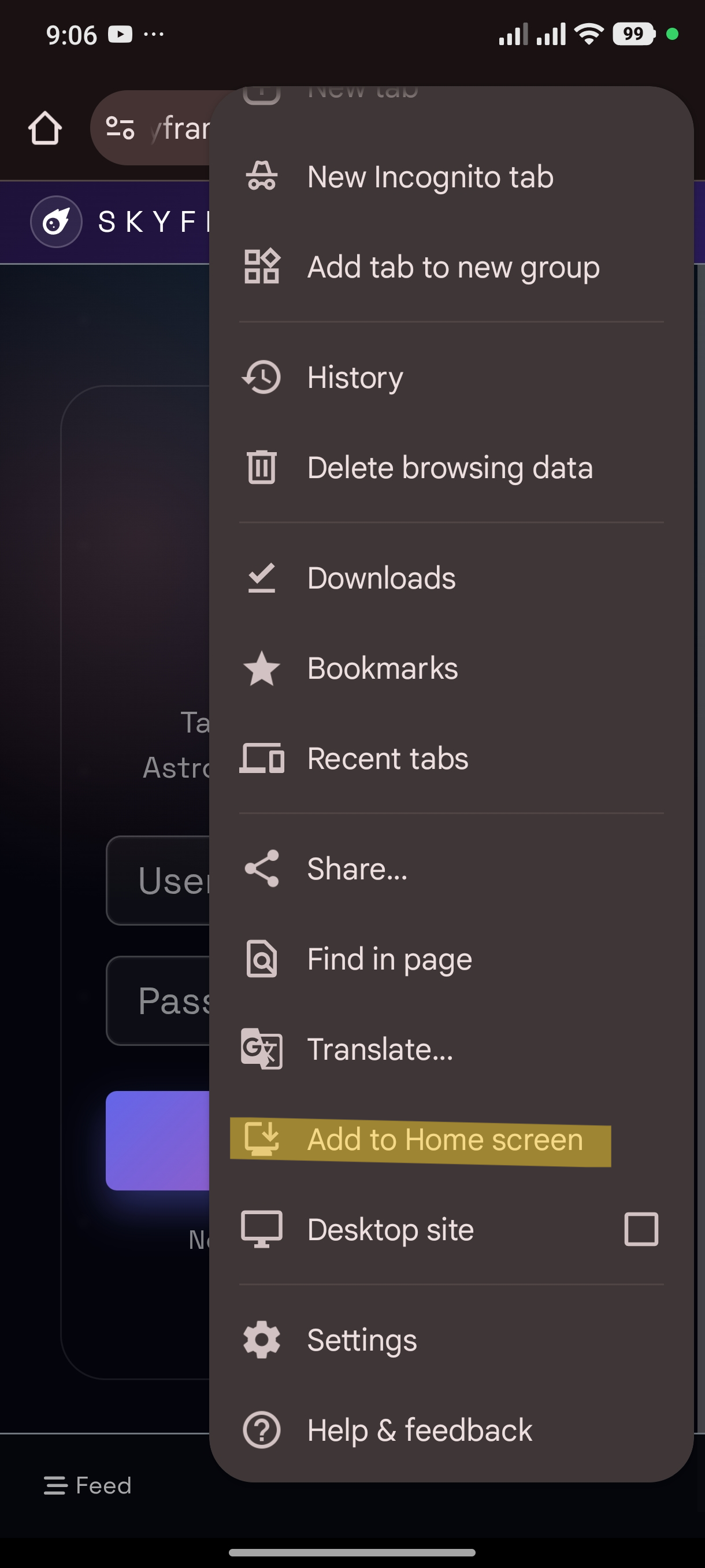 Mobile browser menu showing add to home screen