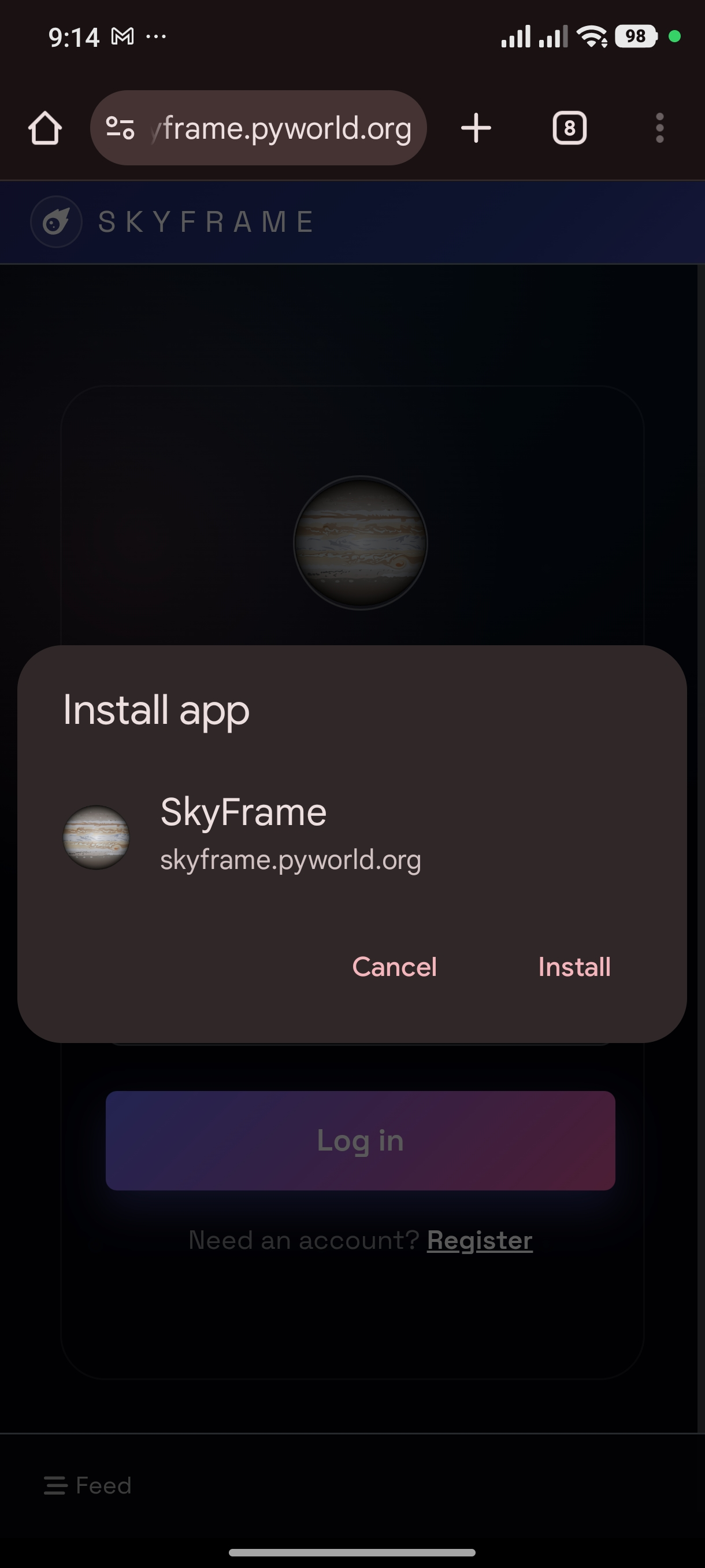 Install prompt shown in mobile browser