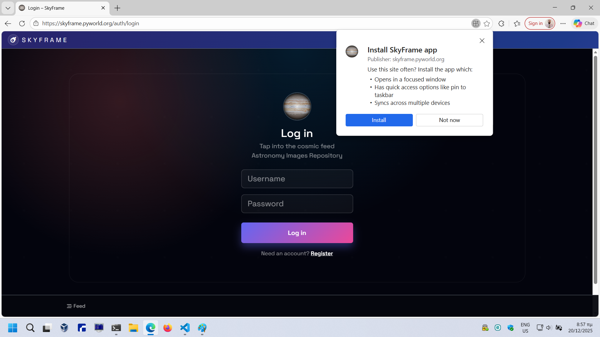 Windows install prompt for SkyFrame