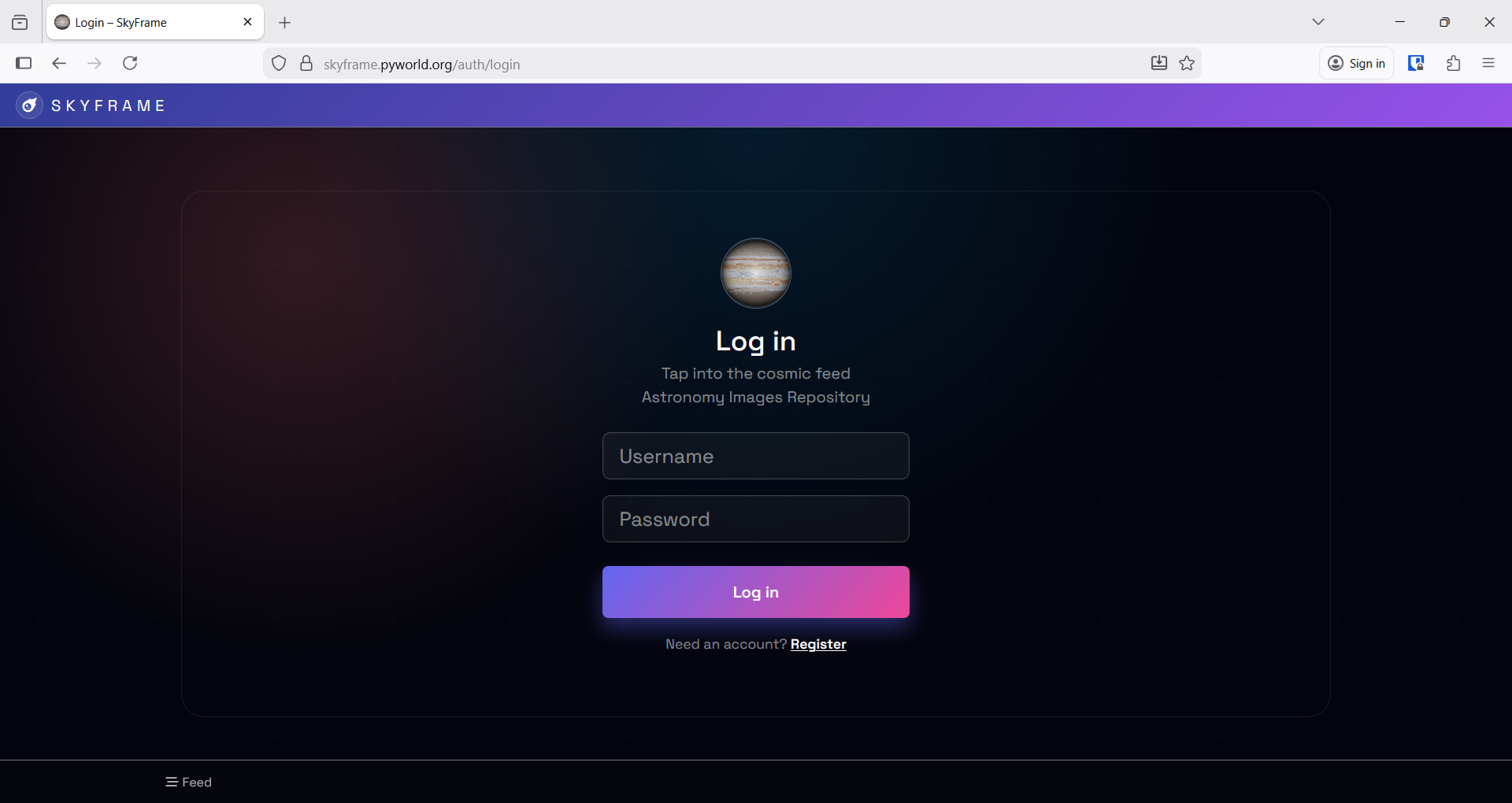 SkyFrame login screen