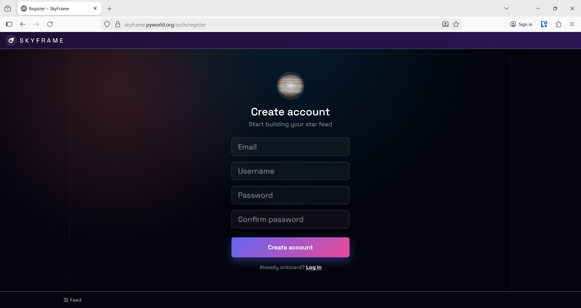 SkyFrame registration screen